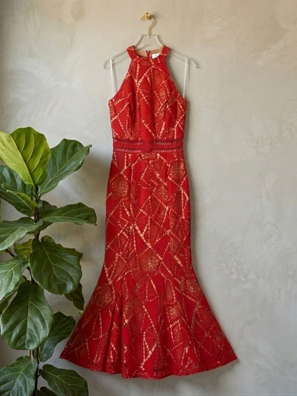Modern Red Geo Lace High Neck Mermaid Maxi Dress – Formal / Wedding Guest Sz 4